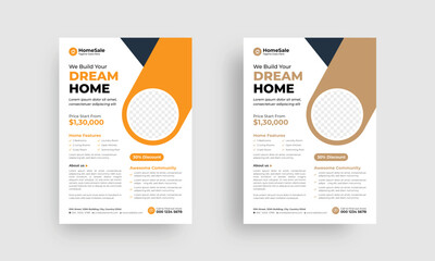 Professional flyer design template. Real estate flyer design layout. Home sale a4 leaflet design.