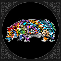 Colorful Hippopotamus zentangle arts isolated on black background