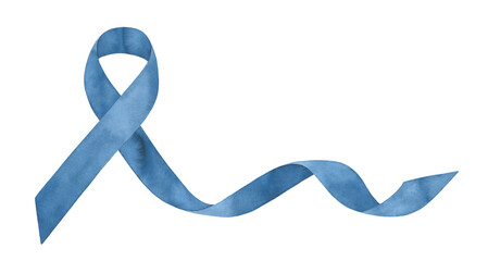 Watercolour illustration of Colon Cancer Awareness dark blue ribbon. Hand painted water color graphic drawing on white backdrop, cut out clip art element for design, banner, print, poster, template.