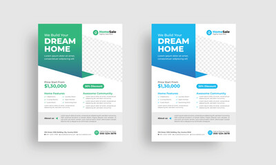 Professional flyer design template. Real estate flyer design layout. Home sale a4 leaflet design.