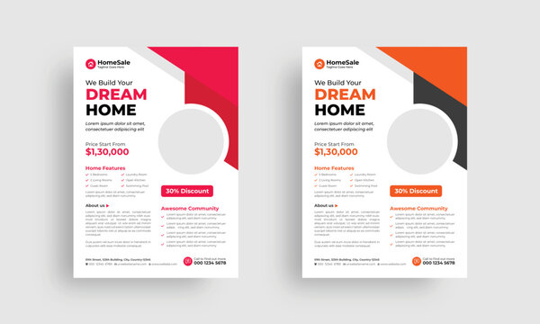 Professional flyer design template. Real estate flyer design layout. Home sale a4 leaflet design.