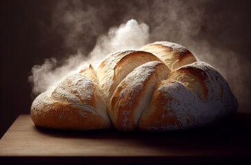 Fresh bread with flour in the air