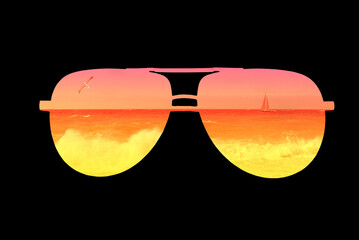 The silhouette of sunglasses is a reflection of the sea with waves of birds and boats and
