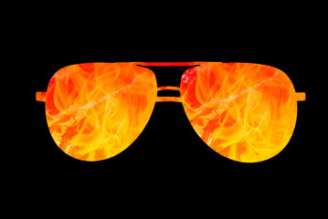 Silhouette of sunglasses reflection of tongues of fire