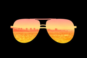 The silhouette of sunglasses is a reflection of the city and the sea