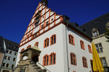 Historical town hall with renaissance gable, multifunctional clock, sun dial. Plauen city, Vogtland district, Saxony, Germany.