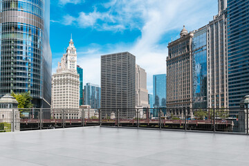 Skyscrapers Cityscape Downtown, Chicago Skyline Buildings. Beautiful Real Estate. Day time. Empty rooftop View. Success concept.