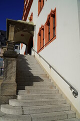 Stairs at historical town hall with renaissance gable of the city Plauen, Vogtlandkreis, Saxony, Germany.