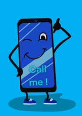 Animated cell phone, Drawing of a happy little cell phone saying call me, hand drawn digital illustration.