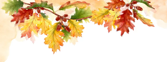 Poster Watercolor autumn abstract background with seasonal leaves © Artnizu