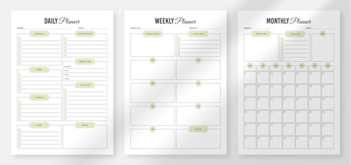 Fototapeta na wymiar Daily, Weekly, Monthly Planner Template. Organizer & Schedule Planner. 3 Set of Minimalist Planners. Life and Business Planner. Planner Design Template. Minimalist planner pages templates set.
