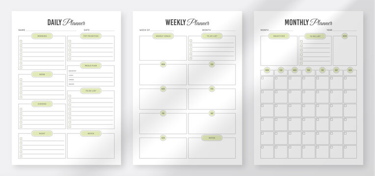 Daily, Weekly, Monthly Planner Template. Organizer & Schedule Planner. 3 Set of Minimalist Planners. Life and Business Planner. Planner Design Template. Minimalist planner pages templates set.
