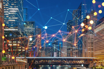 Panorama cityscape of Chicago downtown and Riverwalk, boardwalk with bridges, night time, Chicago, Illinois, USA. Social media hologram. Concept of networking and establishing new people connections