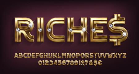 Riches alphabet font. Golden metal letters and numbers with diamonds. Stock vector typeface for your design.