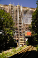 Elster viaduct (Elstertalbrücke) was completed in 1851. Total renovation of the brick built bridge with 68m high scaffolding started in 2022. Near village Barthmühle Pöhl, Vogtland, Saxony, Germany.