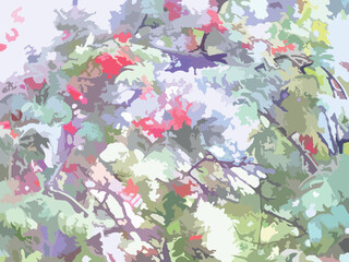 Autumn background in green-red-blue tonality. Mountain ash branches in daylight for prints and wallpaper, backgrounds or textures, textiles, interior solutions, fabric products, autumn compositions
