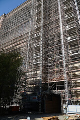Elster viaduct (Elstertalbr&uuml;cke) was completed in 1851. Total renovation of the brick built bridge with 68m high scaffolding started in 2022. Near village Barthm&uuml;hle P&ouml;hl, Vogtland, Saxony, Germany.