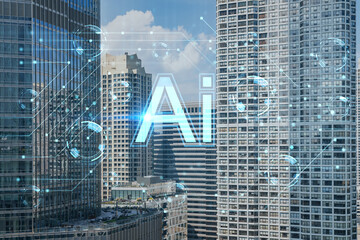 Aerial panorama city, Chicago downtown area, day time, Illinois, USA. Birds eye view, skyline. Hologram of Artificial Intelligence concept. AI and business, machine learning, neural network, robotics