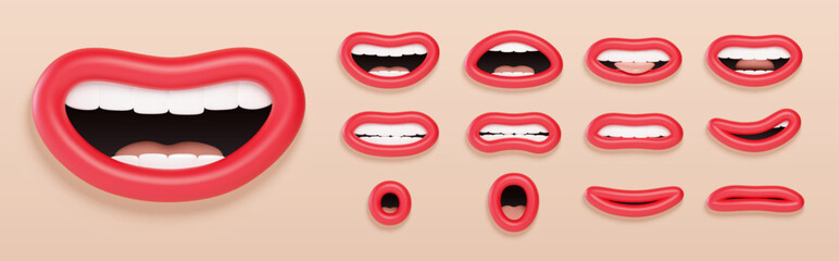 3d Lip sync character mouth animation. Lips sound pronunciation chart. Lip sync for cartoon talking. Cartoon talking mouth and lips expressions. Vector illustration
