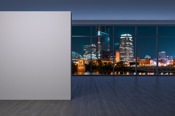 Downtown Nashville City Skyline Buildings from High Rise Window. Beautiful Expensive Real Estate overlooking. Empty room Interior. Mockup wall. Skyscrapers Cityscape. Night. Tennessee. 3d rendering.