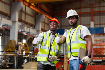 Two man African American engineer workers giving thumbs up standing work success in manufacturing...