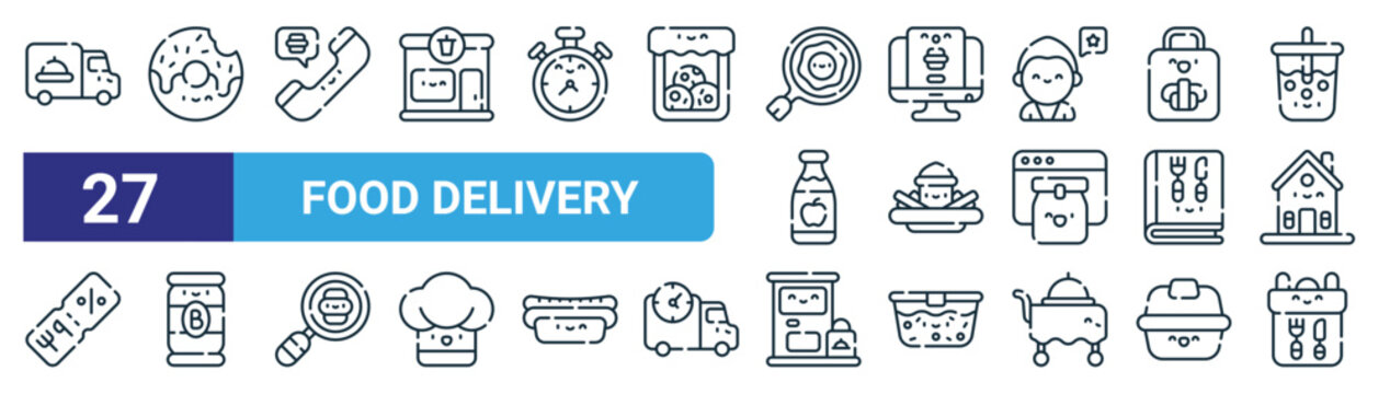 set of 27 outline web food delivery icons such as food truck, donut, phone call, online order, french fries, beer, food delivery, backpack vector thin line icons for web design, mobile app.