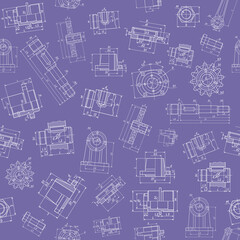 Technical drawing, unique machine details. Seamless pattern (violet).