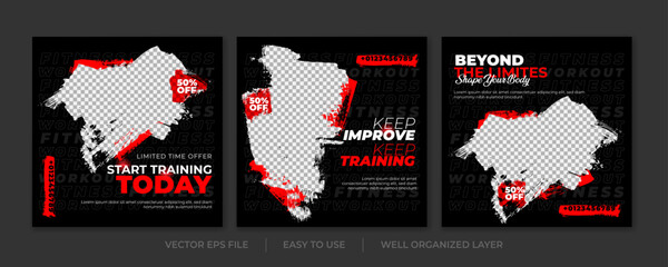 Set of Gym Fitness social media post design template. Suitable for social media, flyers, banner, and web internet.