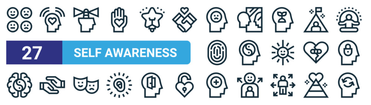 Set Of 27 Outline Web Self Awareness Icons Such As Emotion, Love, Awareness, Mirror, Stress Management, Selfcare, Positivity, Empathy Vector Thin Line Icons For Web Design, Mobile App.