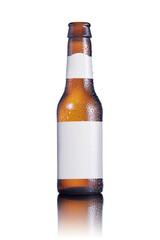 Cold Beer bottle with condensation drops and white labels and a semitransparent reflection