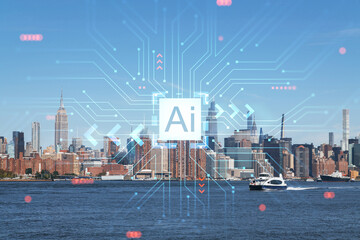Fototapeta na wymiar New York City skyline from Brooklyn, Williamsburg over the East River, Manhattan skyscrapers at day time, USA. Artificial Intelligence concept, hologram. AI, machine learning, neural network, robotics