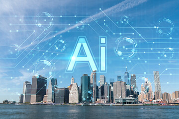Skyline of New York City Financial Downtown Skyscrapers over East River from park, Dumbo day time, Manhattan. Artificial Intelligence concept, hologram. AI, machine learning, neural network, robotics