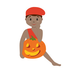 Saci-perere, personagem do folclore brasileiro, com uma ab&oacute;bora de halloween - ilustra&ccedil;&atilde;o vetorial