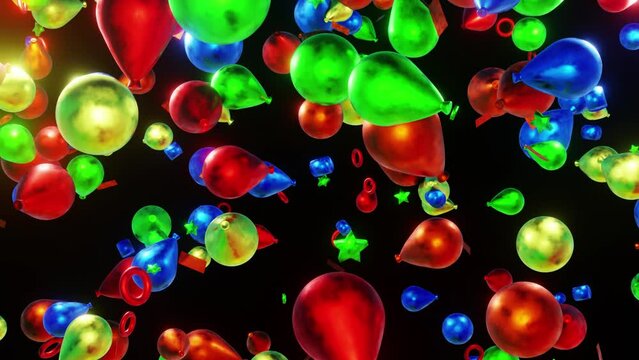 falling balloons animation,Animation of colorful balloons flying and confetti falling over black background
