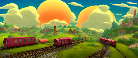 Artistic concept painting of a beautiful train, background illustration.