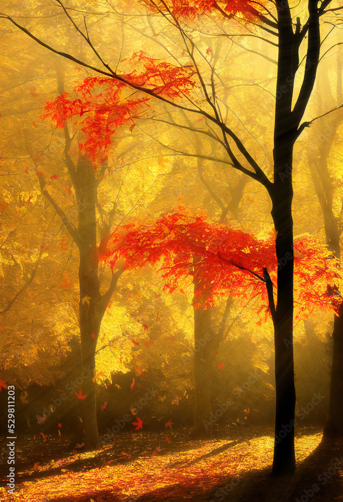 Wall mural colorful maple trees, sunlight shining through red and yellow foliage, vertical format. generative a