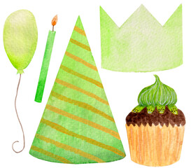 Watercolor birthday green collection, cupcake with kiwi, bithday hat, balloon, candle, isolated on white background.