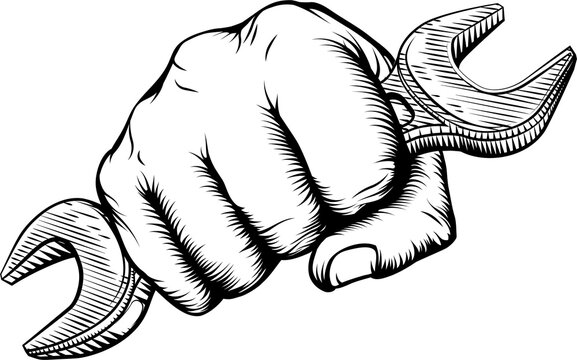 Woodcut Fist Hand Holding Spanner Wrench
