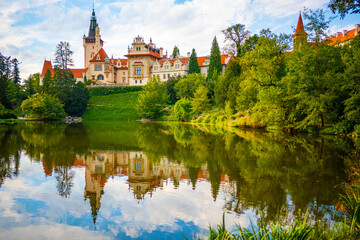 View of Pruhonice castle from the pond in a castle park, Czech Republic 