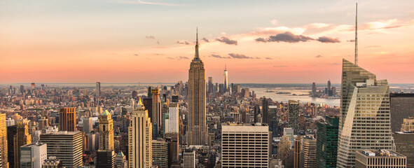 Panorama of New York city skyline at sunset