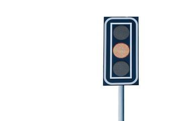 LED traffic light on a pole at a crossroads with orange light isolated on white background.