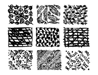 Texture, background, abstract drawings and patterns by hand, black color, on a white background, for design