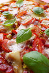 Close-up of the filling of a delicious Italian pizza, top view.