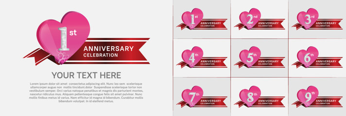 set of anniversary with pink heart and red ribbon can be use for celebration moment