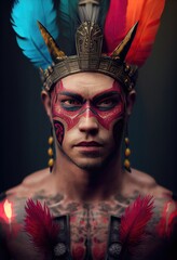 3d illustration of aztec man warrior with crown of feathers - obrazy, fototapety, plakaty
