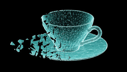 3D mesh of cup isolated on black background in binary cyberspace. 3D illustration.