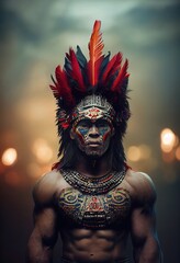 3D illustratie van Azteekse man krijger met kroon van veren