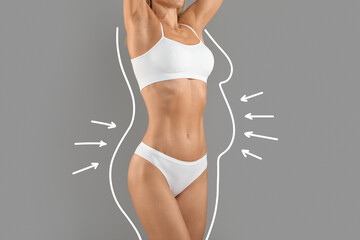 Body Reshaping. Woman In Underwear With Drawn Outlines And Arrows Around Figure