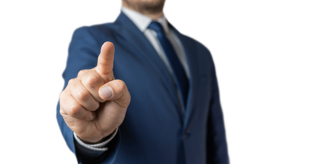 Businessman touches a virtual button, focus on a finger, transparent background