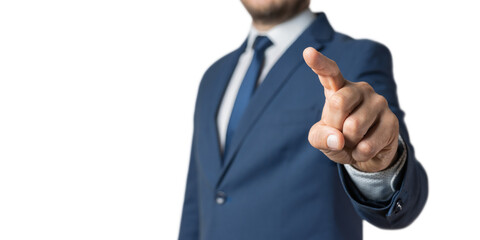 Businessman touches a virtual button, focus on a finger, transparent background